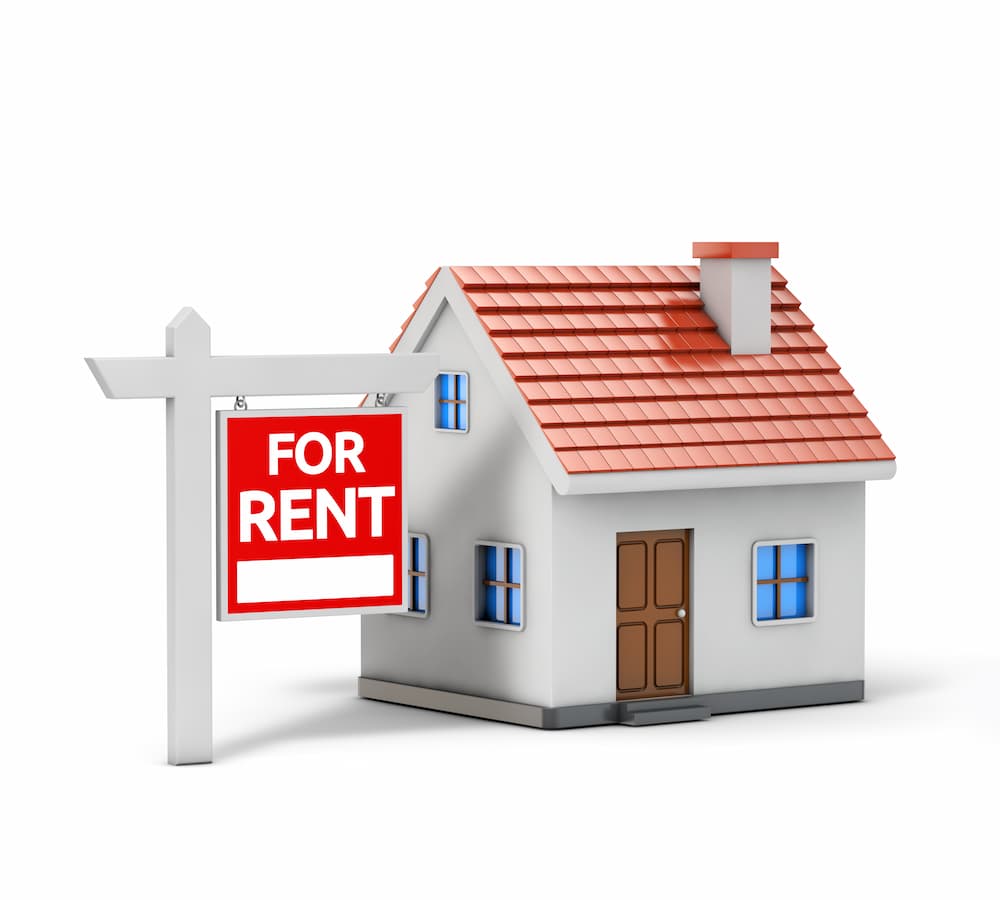 A 3D rendered animated image of a home with a for rent sign out front